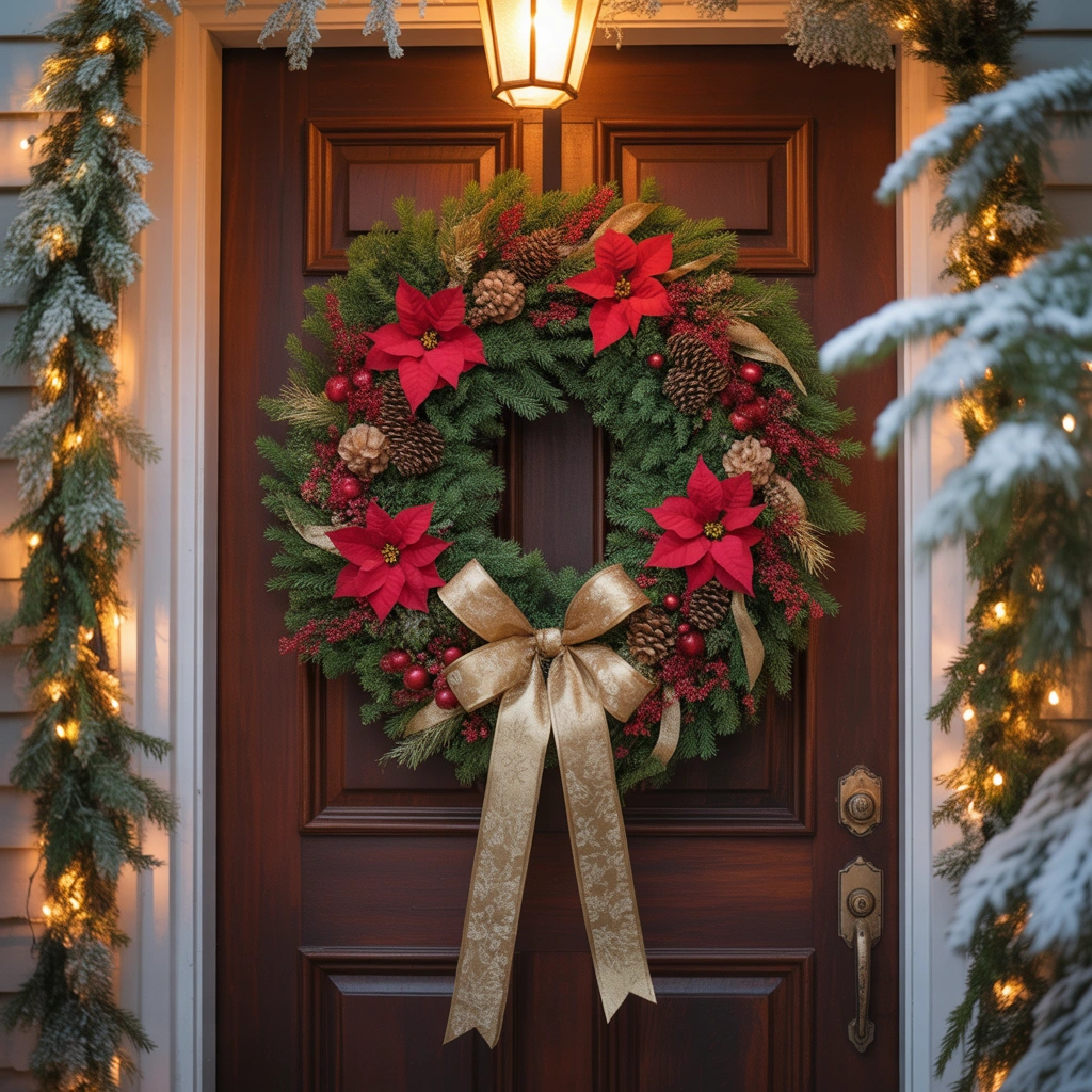 Christmas Door Decoration With Poinsettia Flowers