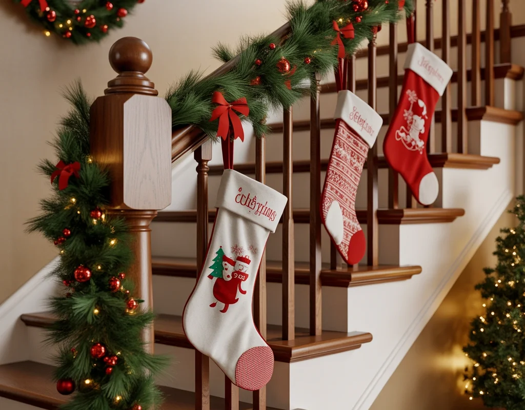 Christmas Socks Decoration on Stair Railings