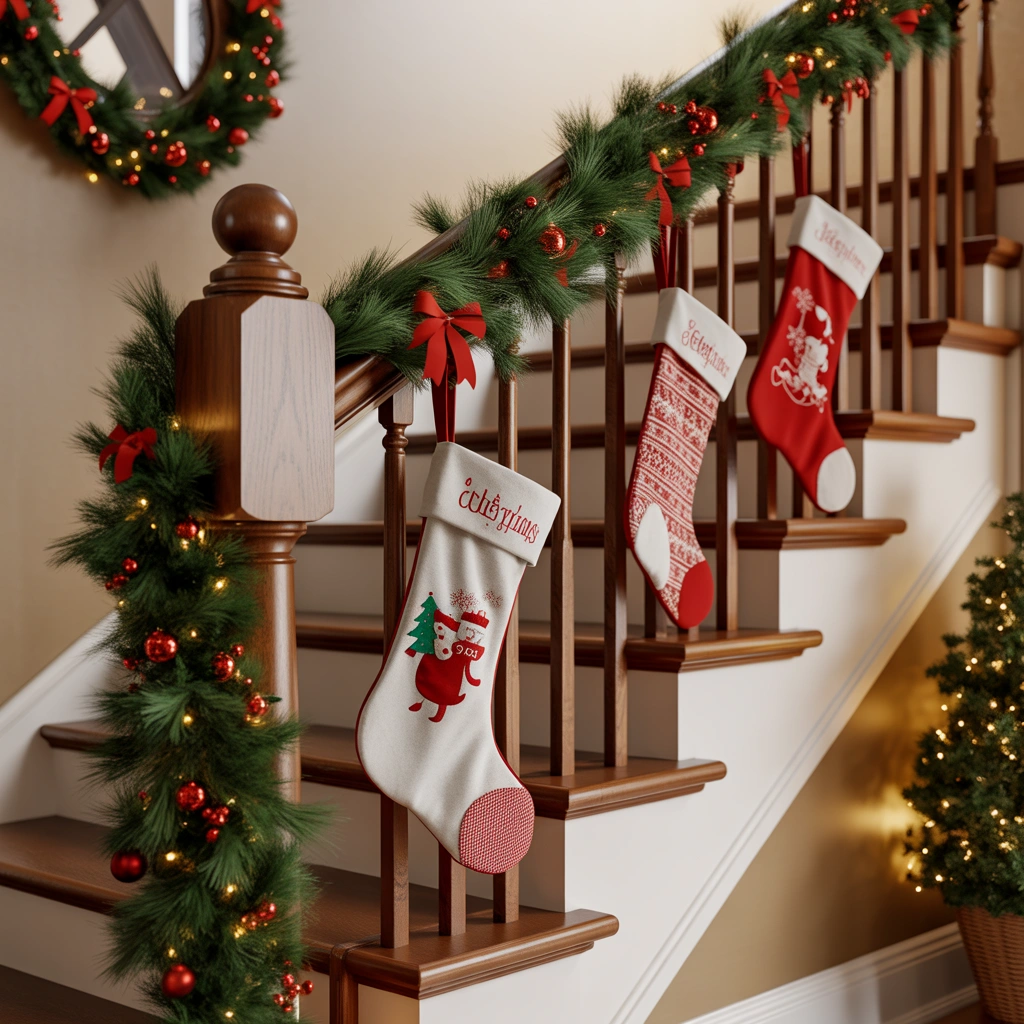 Christmas Socks Decoration on Stair Railings