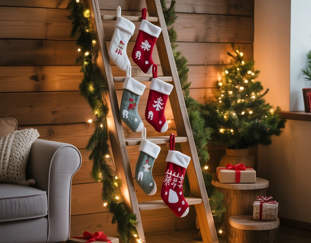 Christmas Socks Hanging From a Wooden Ladder Display