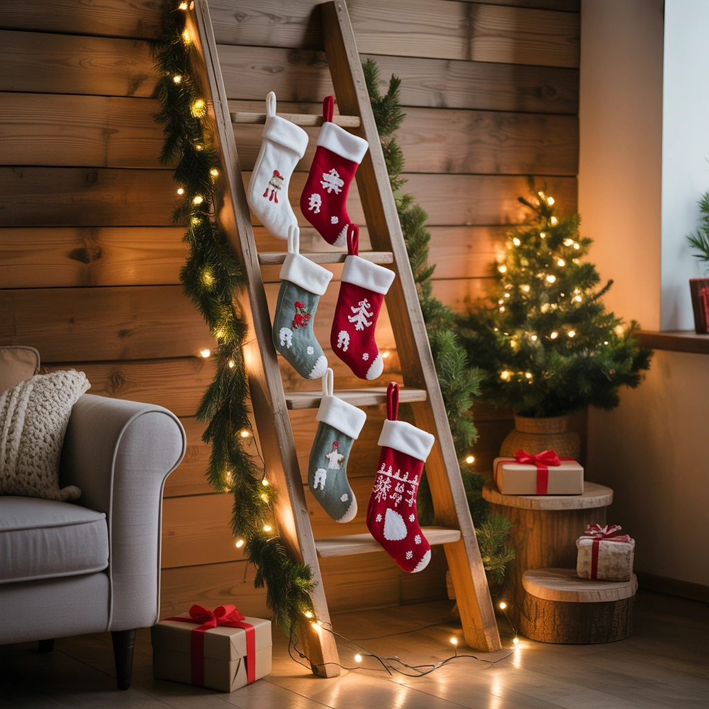 Christmas Socks Hanging From a Wooden Ladder Display