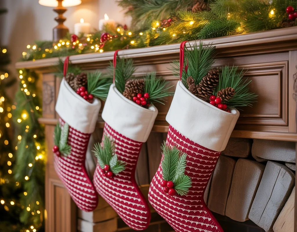 Christmas Socks With Natural Greenery and Pine Decorations