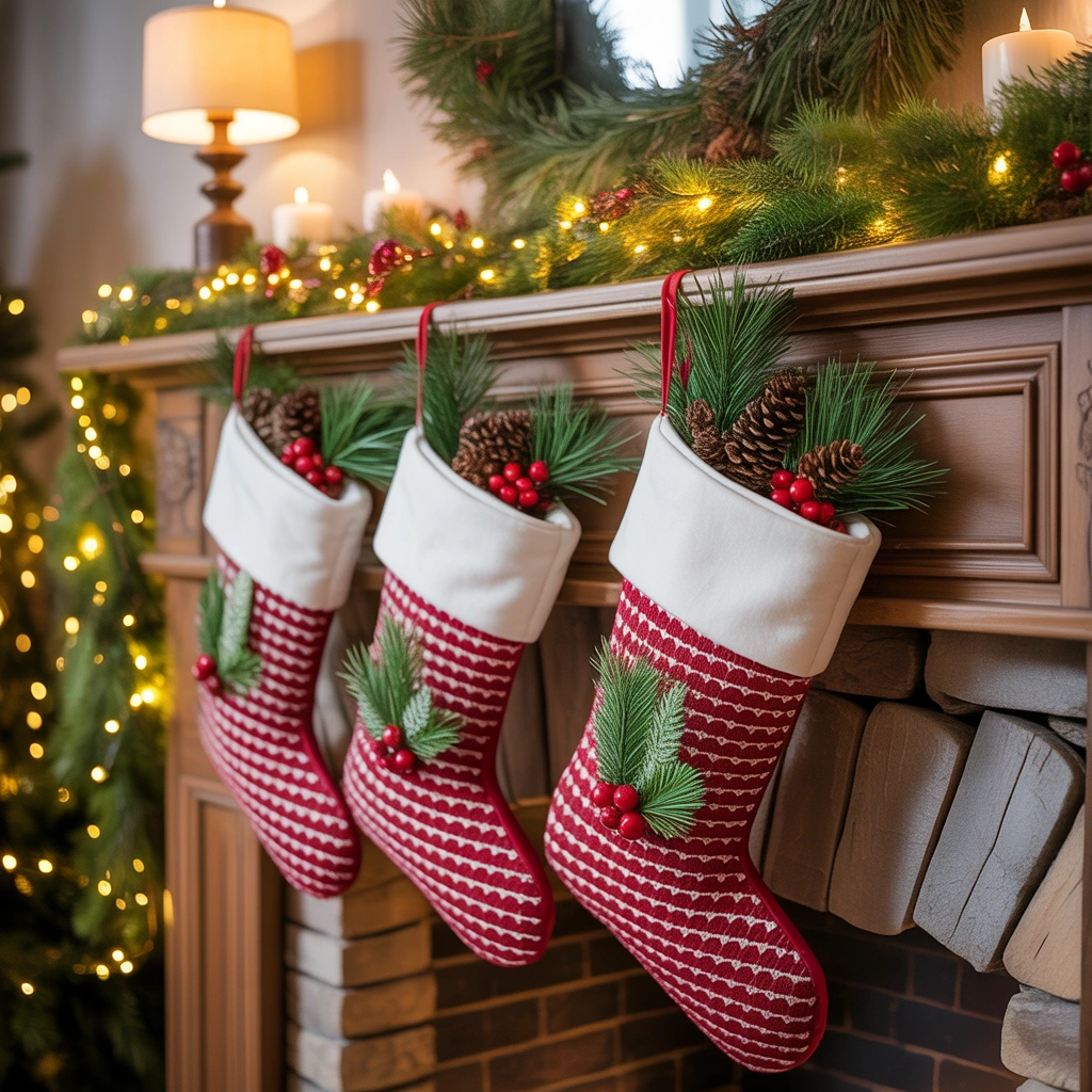 Christmas Socks With Natural Greenery and Pine Decorations