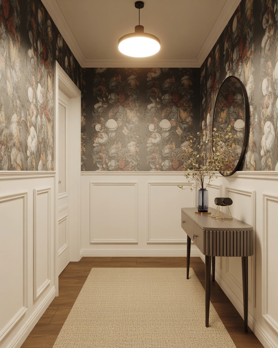Classic Half Wall Panelling With Elegant Wallpaper Above