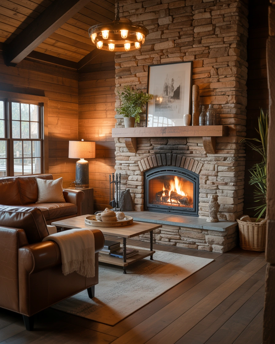 Classic Stone Fireplace For a Warm Rustic Living Room