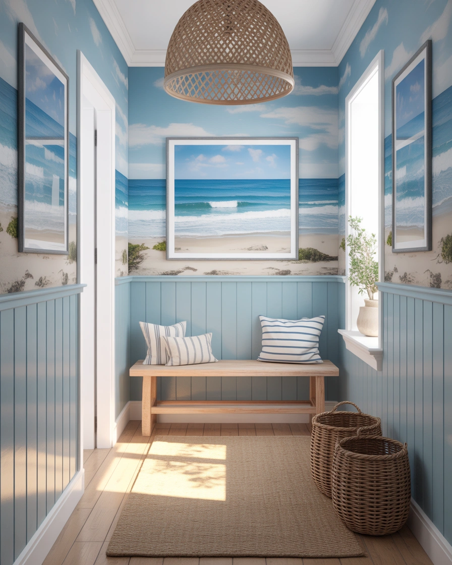 Coastal Inspired Hallway With Blue Panelling and Soft Wallpaper