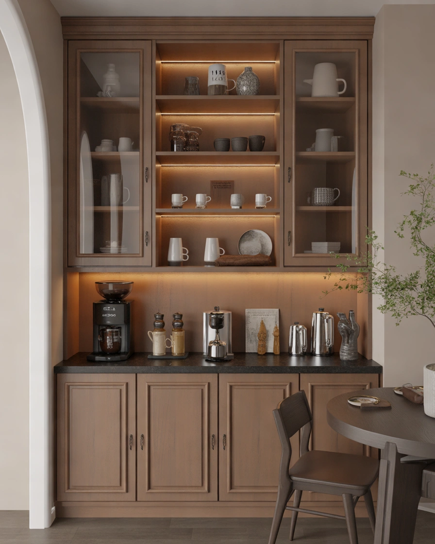 Coffee Bar Hutch With Glass Cabinet Display