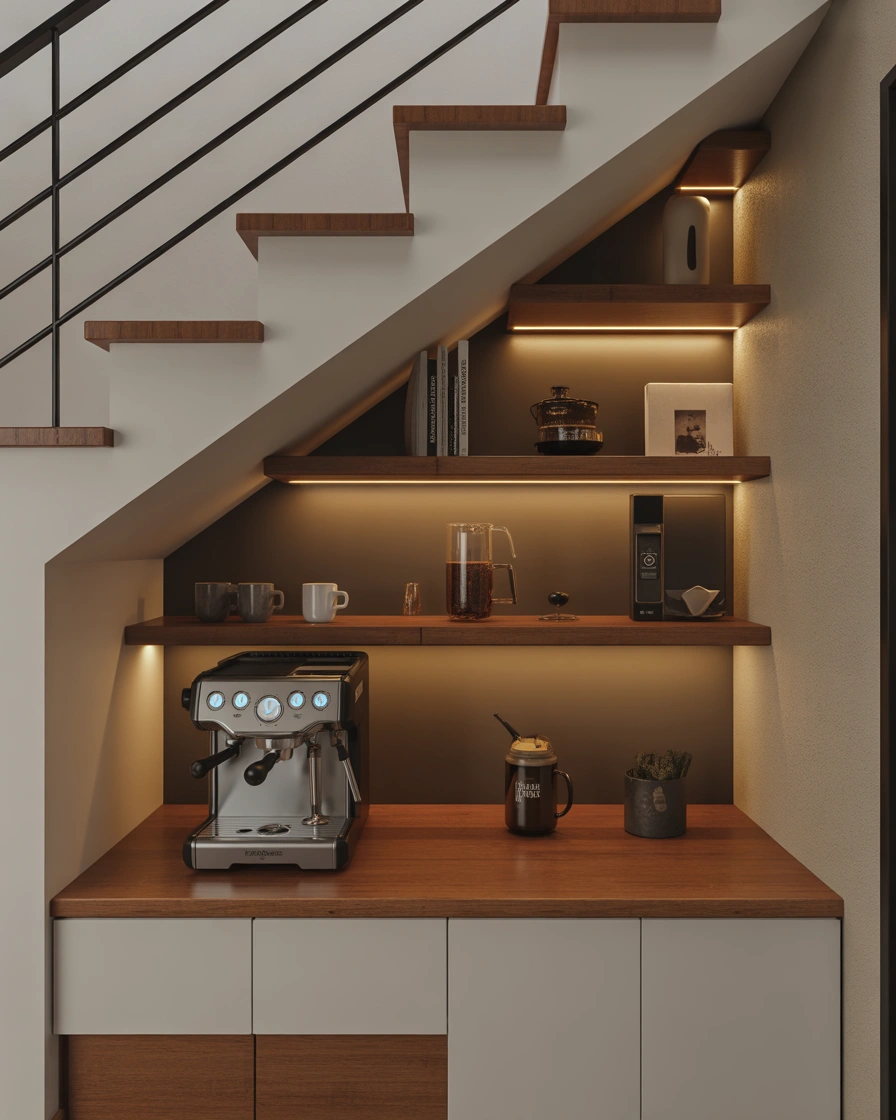 Coffee Bar Shelf Under Staircase Design