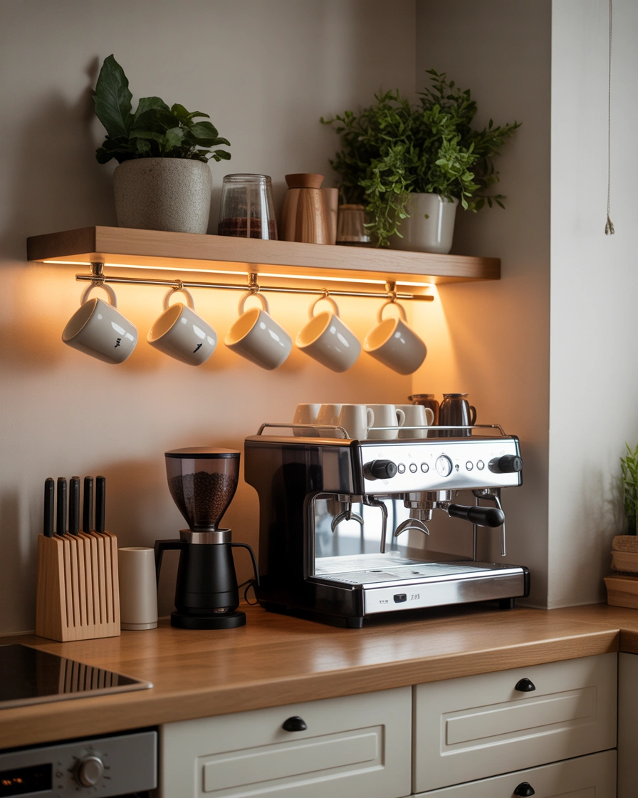 Coffee Bar Shelf With Hanging Mug Storage