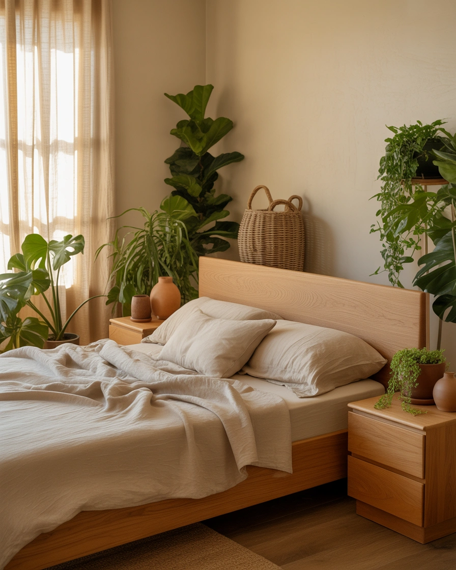 Combine Bedroom Plants With Natural Wood Furniture