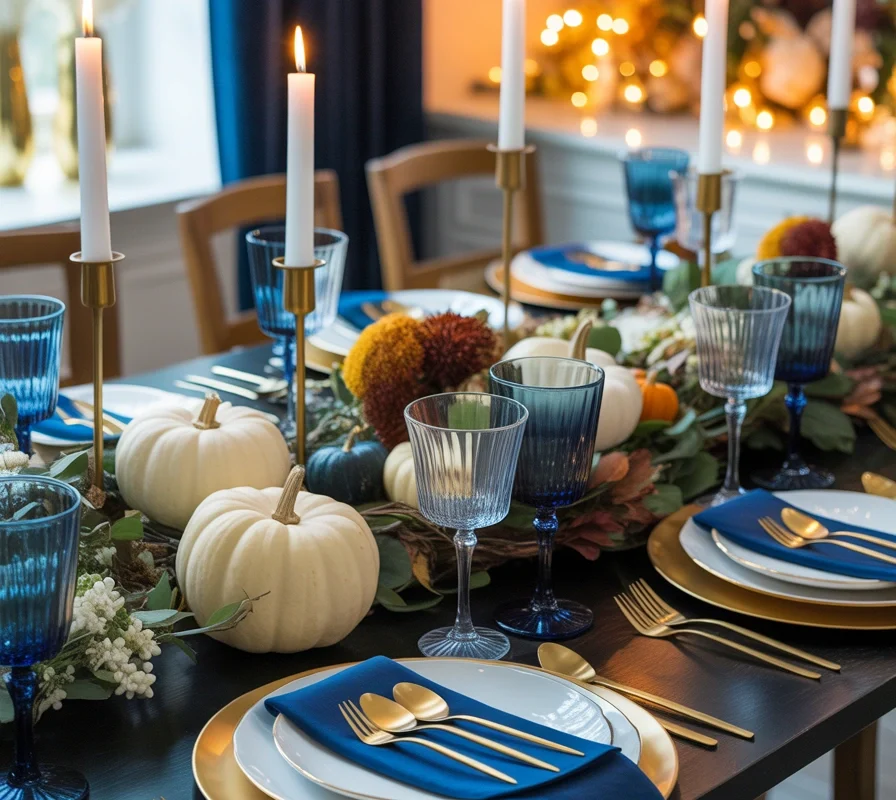 Combine Blue and Gold Accents for an Elegant Thanksgiving Table