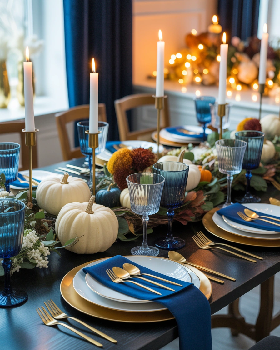 Combine Blue and Gold Accents for an Elegant Thanksgiving Table