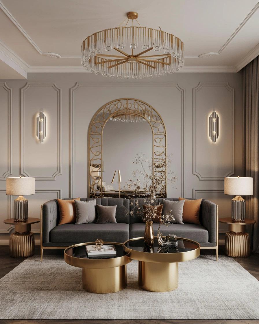 Combine Dark Grey Couch With Gold and Metallic Decorations