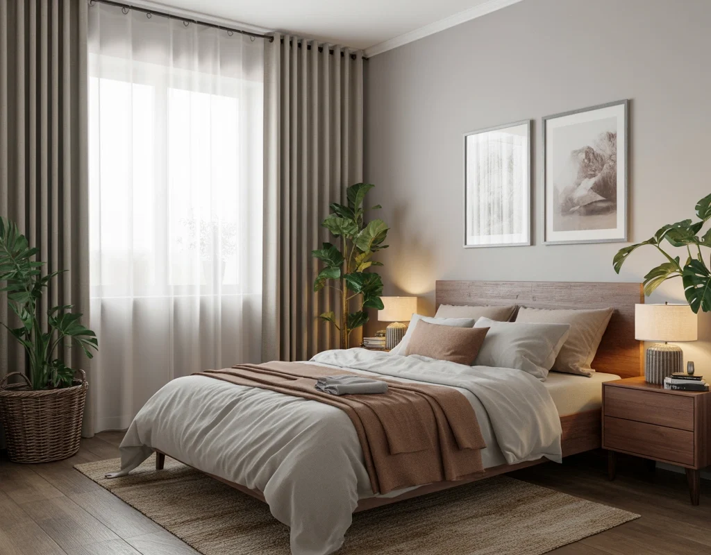 Combine Gray Curtains With Earthy Colors for a Natural Bedroom
