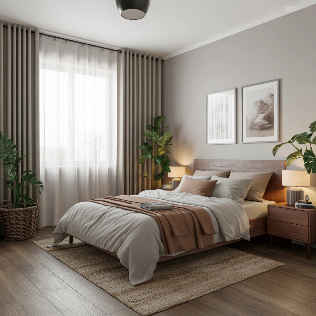 Combine Gray Curtains With Earthy Colors for a Natural Bedroom