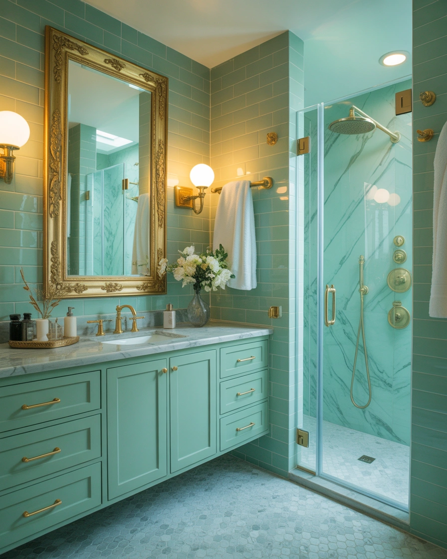 Combine Seafoam Green With Gold Fixtures for an Elegant Bathroom Design