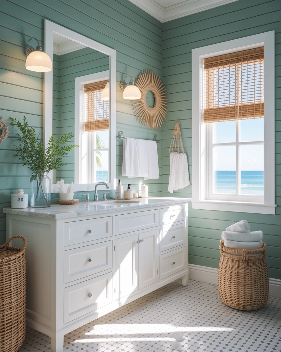 Combine Seafoam Green With White for a Bright Coastal Bathroom