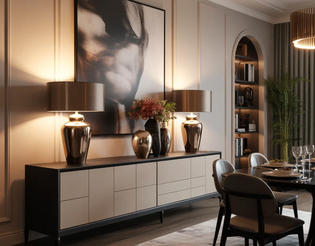 Combine Two Tall Lamps With Artwork for a Professional Designer Dining Room Buffet