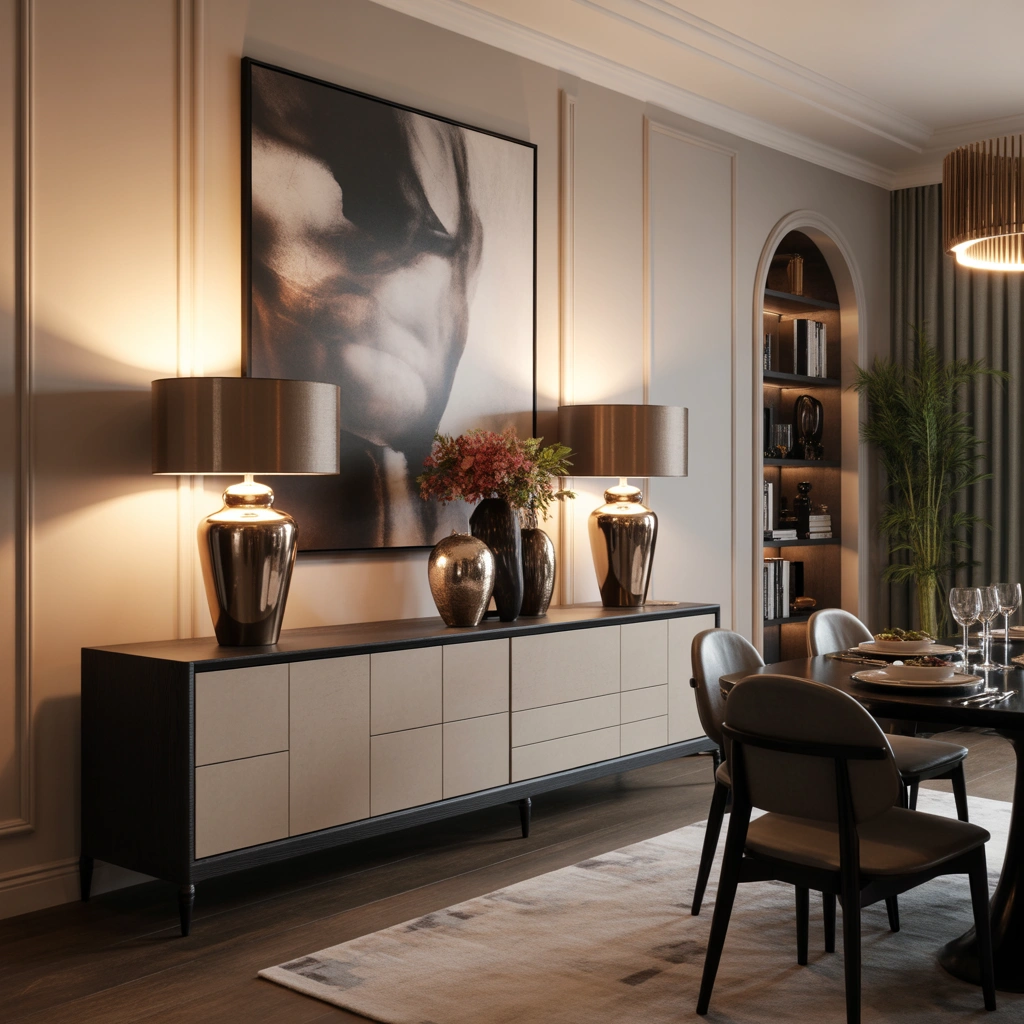 Combine Two Tall Lamps With Artwork for a Professional Designer Dining Room Buffet