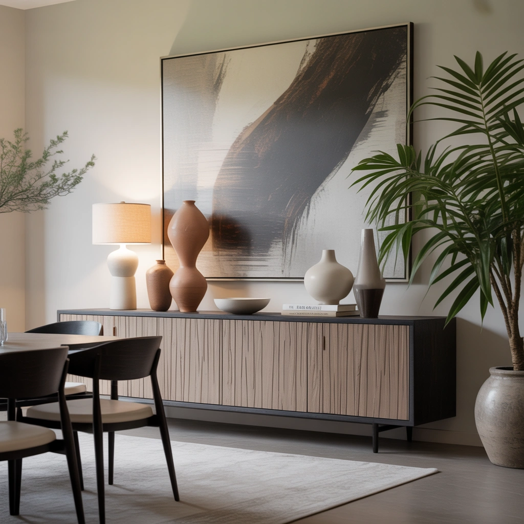 Contemporary Sideboard Decor With Artwork and Decorative Layers