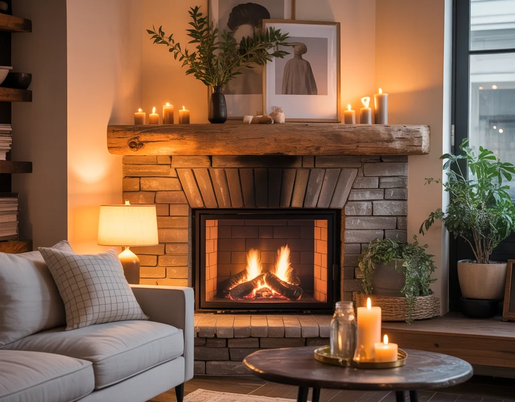 Corner Fireplace With Wooden Mantel