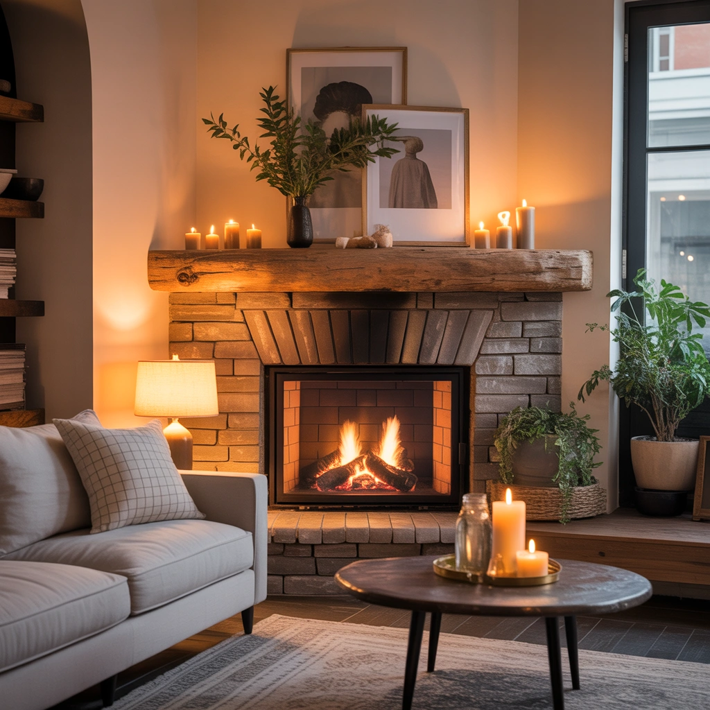 Corner Fireplace With Wooden Mantel