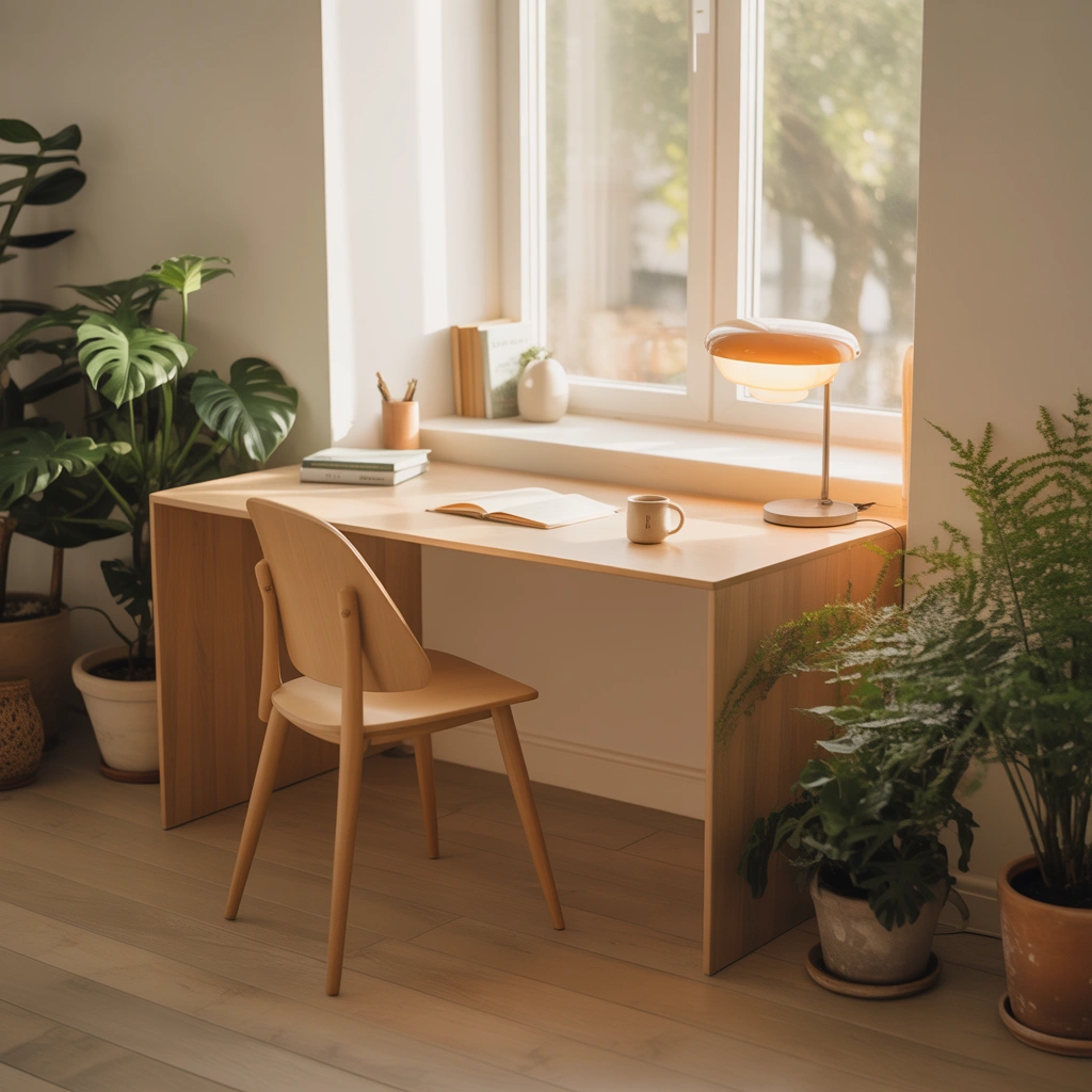 Cozy Scandinavian Corner Desk with Warm Decor