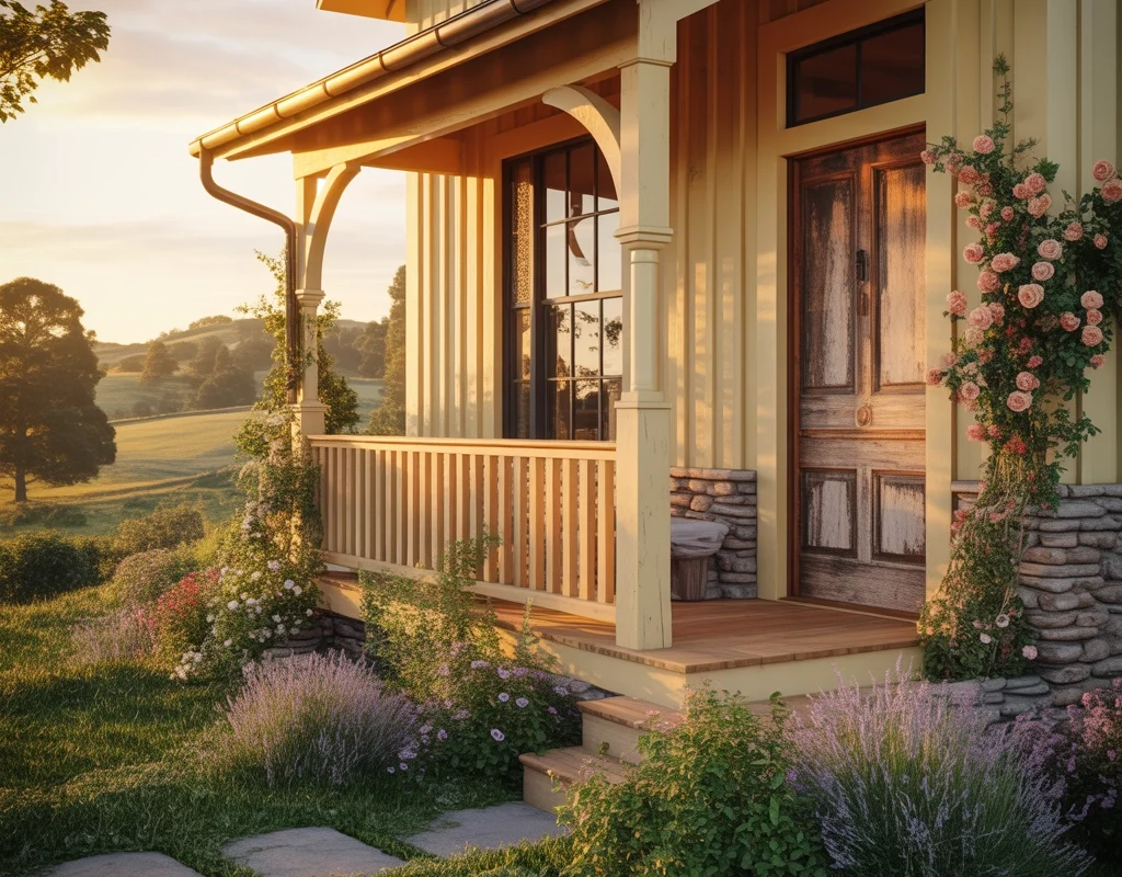 Cream Farmhouse Exterior Paint Color for a Cozy and Classic Country Home Appearance