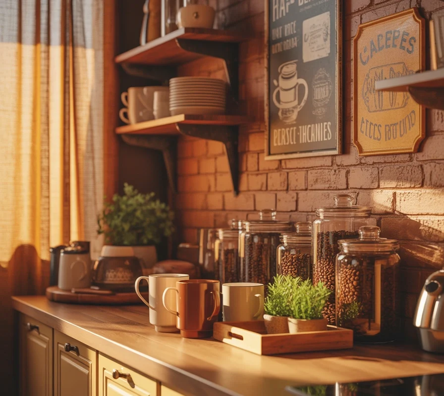 Create A Coffee Station Theme Above Kitchen Cabinets