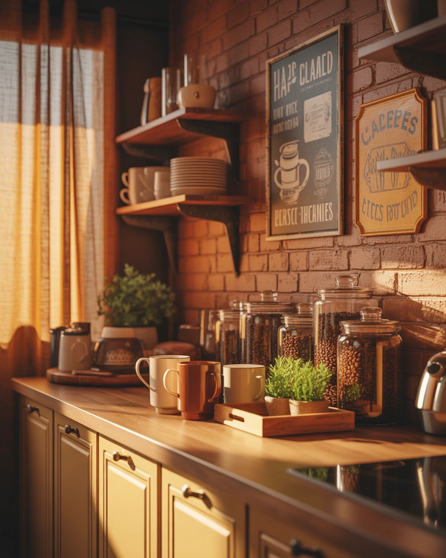 Create A Coffee Station Theme Above Kitchen Cabinets