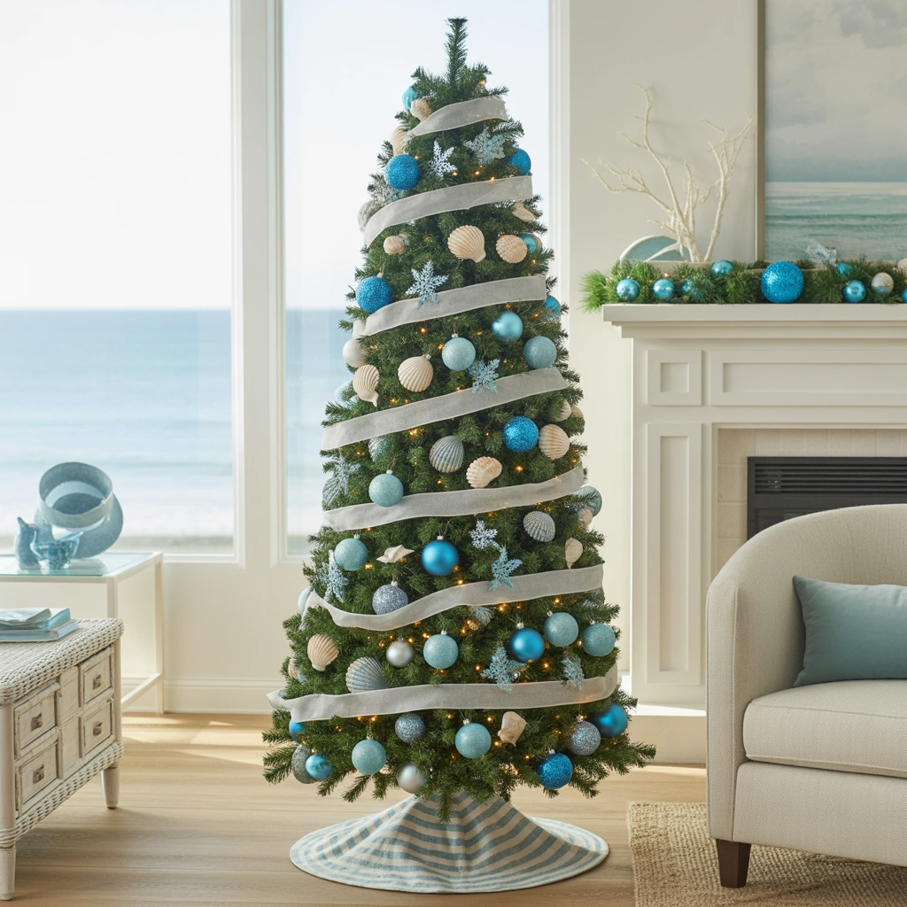 Create a Coastal Christmas Slim Tree With Blue and Silver Decorations