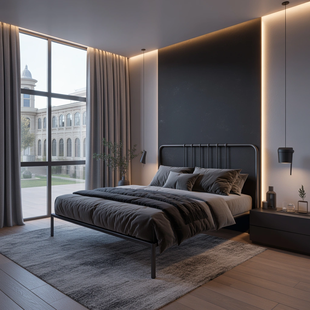 Create a Contemporary Bedroom With Gray Curtains and Black Accents