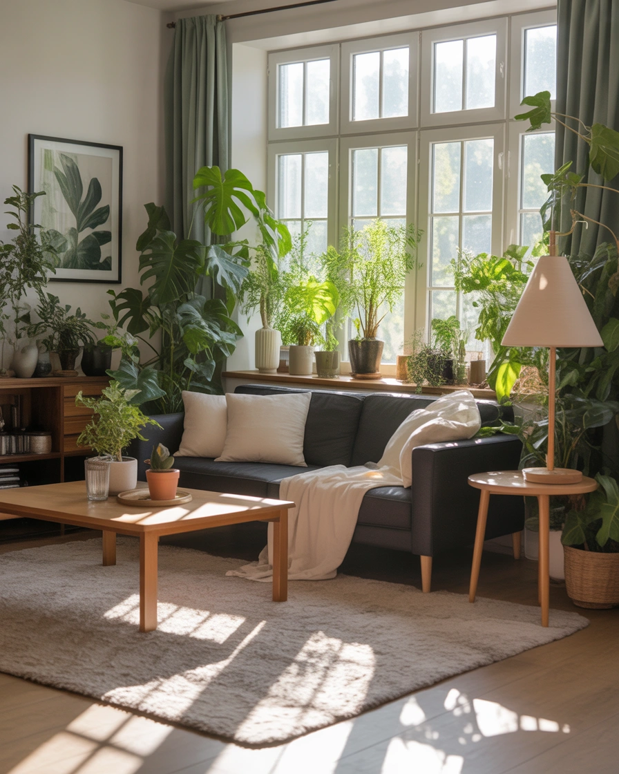 Create a Dark Grey Couch Living Room With Green Plants