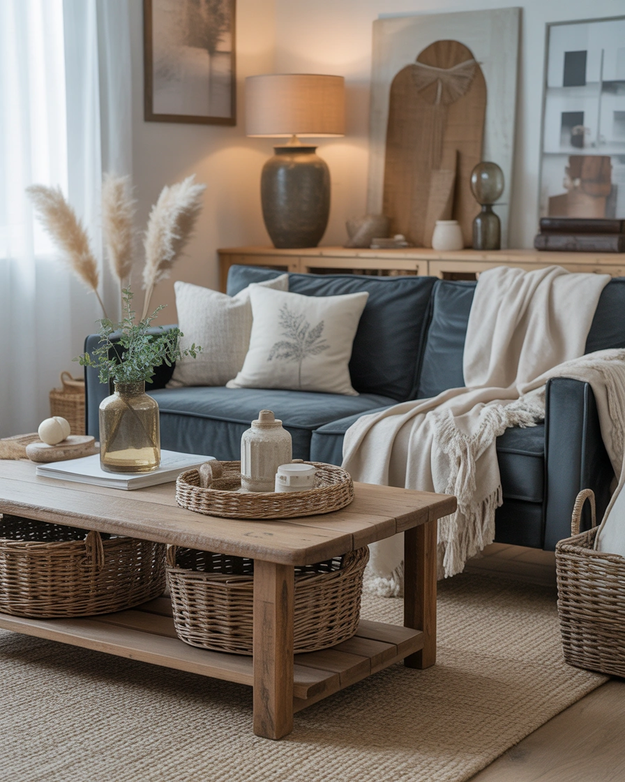 Create a Farmhouse Living Room With a Dark Grey Couch