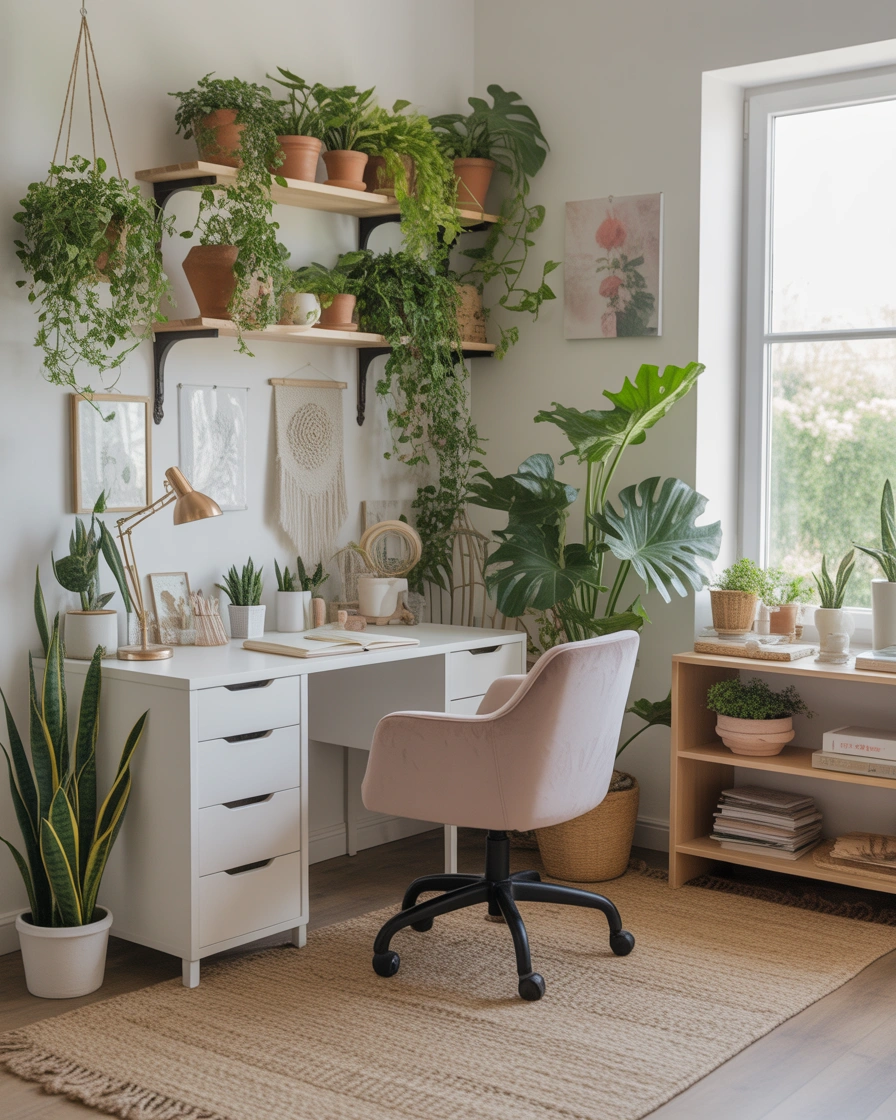 Create a Feminine Home Office With Natural Greenery