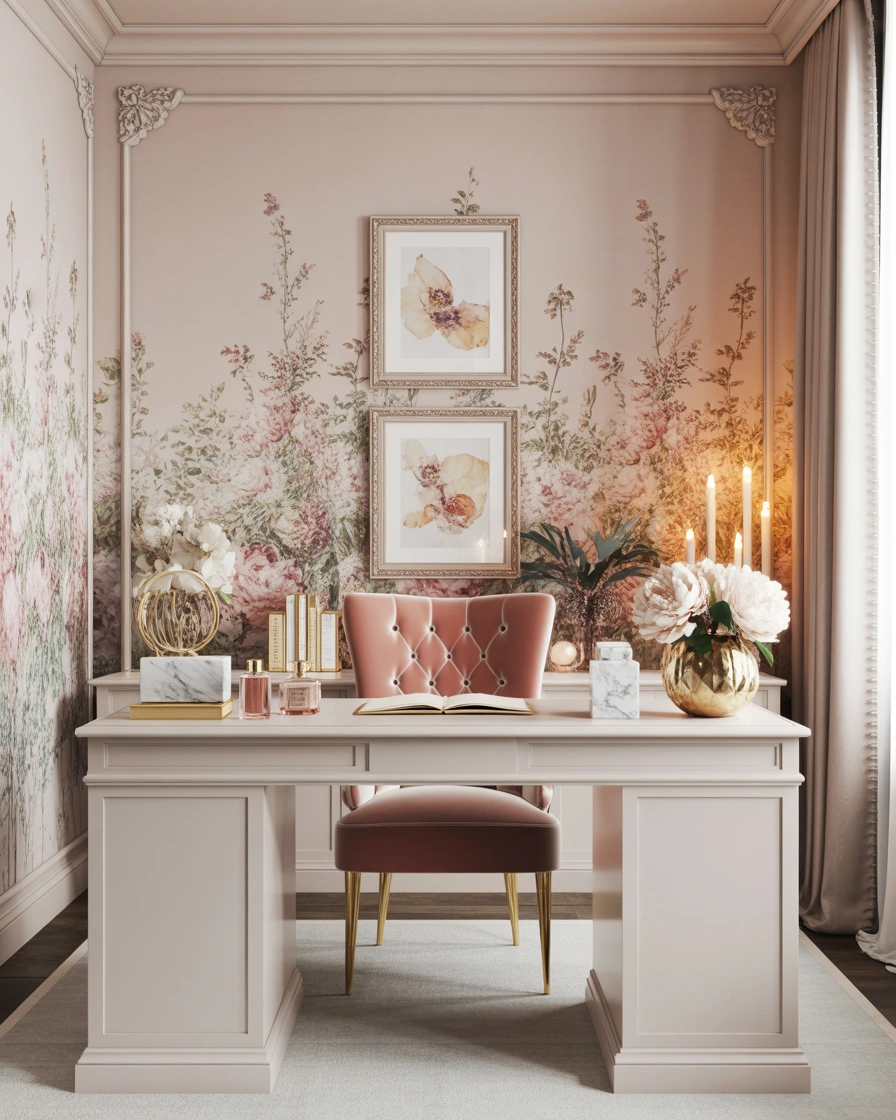 Create a Feminine Luxury Office With a Statement Wall