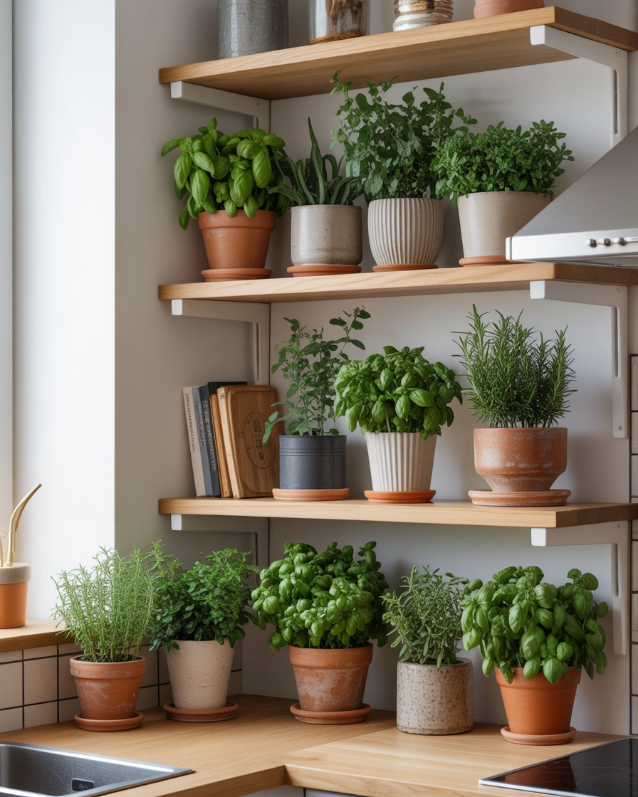 Create a Green Kitchen Corner Shelf With Indoor Plants