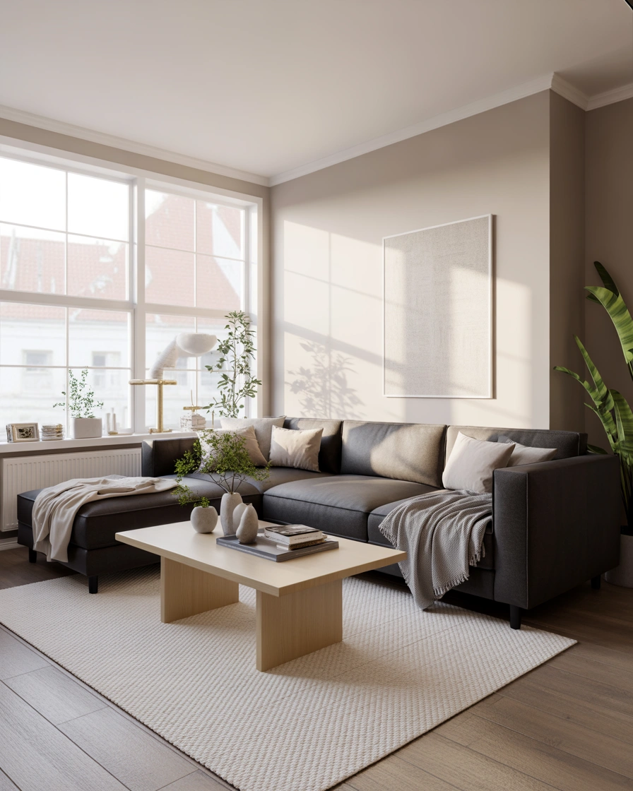 Create a Modern Minimalist Living Room With a Dark Grey Couch