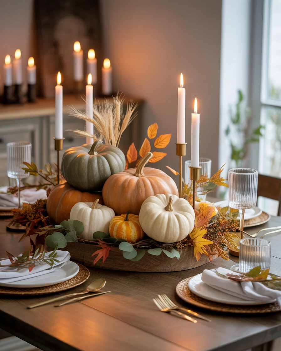 Create a Natural Thanksgiving Table Centerpiece With Pumpkins and Fall Leaves
