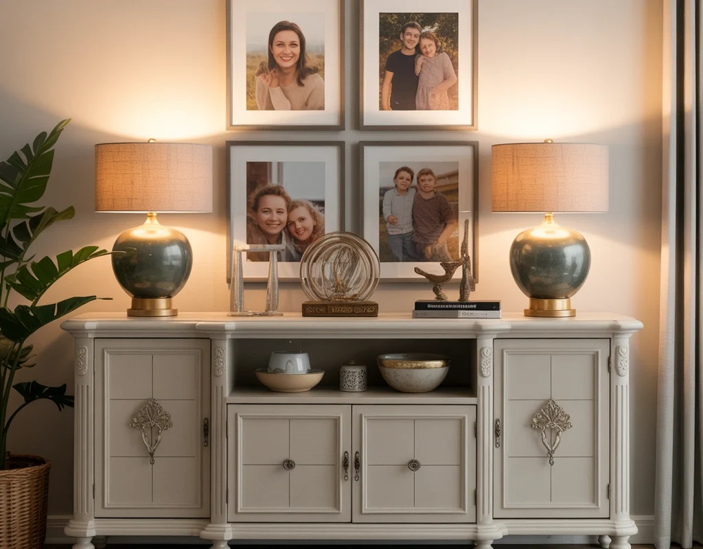 Create a Personalized Dining Room Buffet With Two Lamps and Meaningful Decor