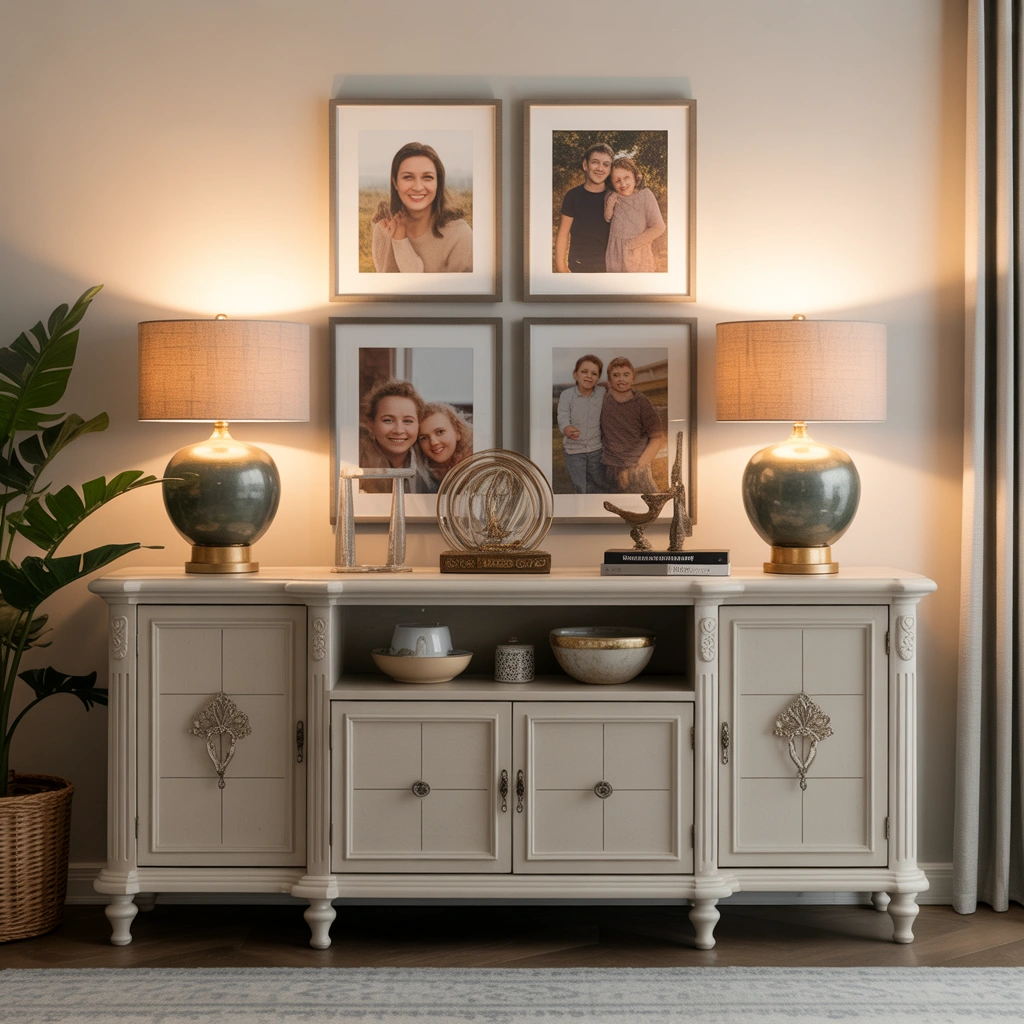 Create a Personalized Dining Room Buffet With Two Lamps and Meaningful Decor