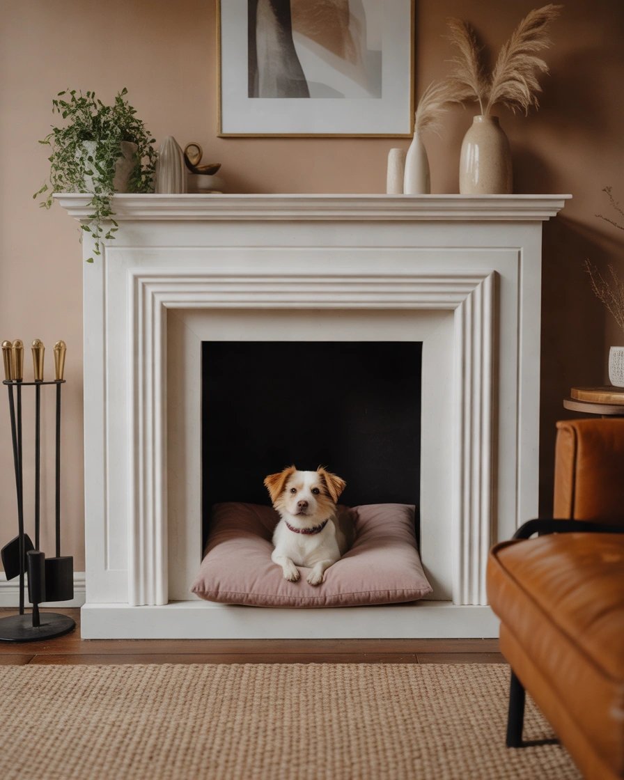 Create a Pet Friendly Cozy Corner Inside Your Empty Fireplace