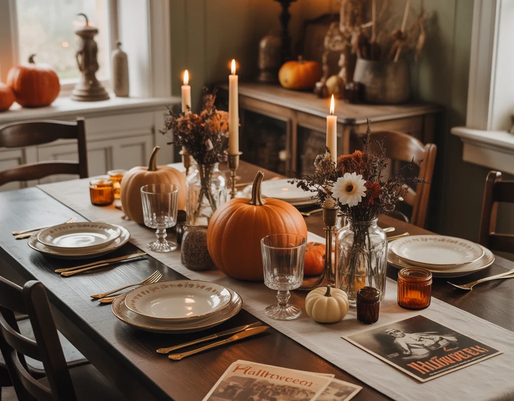 Create a Retro Halloween Dining Table With Vintage Dinnerware and Autumn Details
