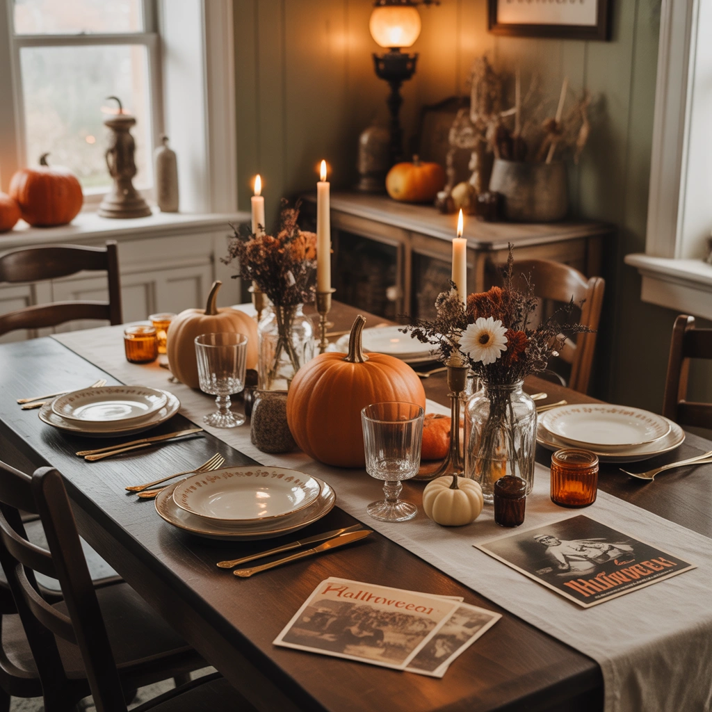 Create a Retro Halloween Dining Table With Vintage Dinnerware and Autumn Details