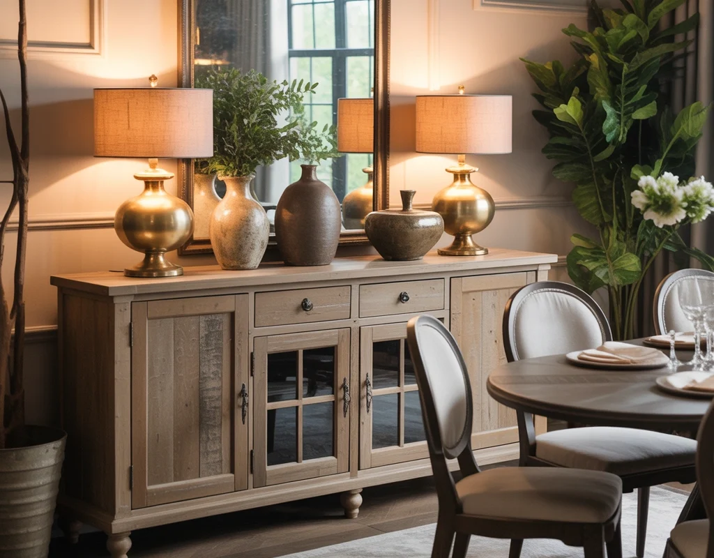 Create a Rustic Luxury Dining Room Buffet With Two Metal Lamps
