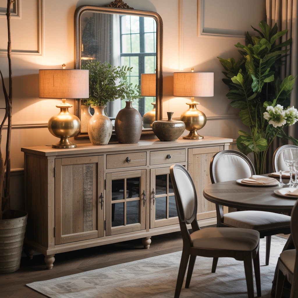 Create a Rustic Luxury Dining Room Buffet With Two Metal Lamps