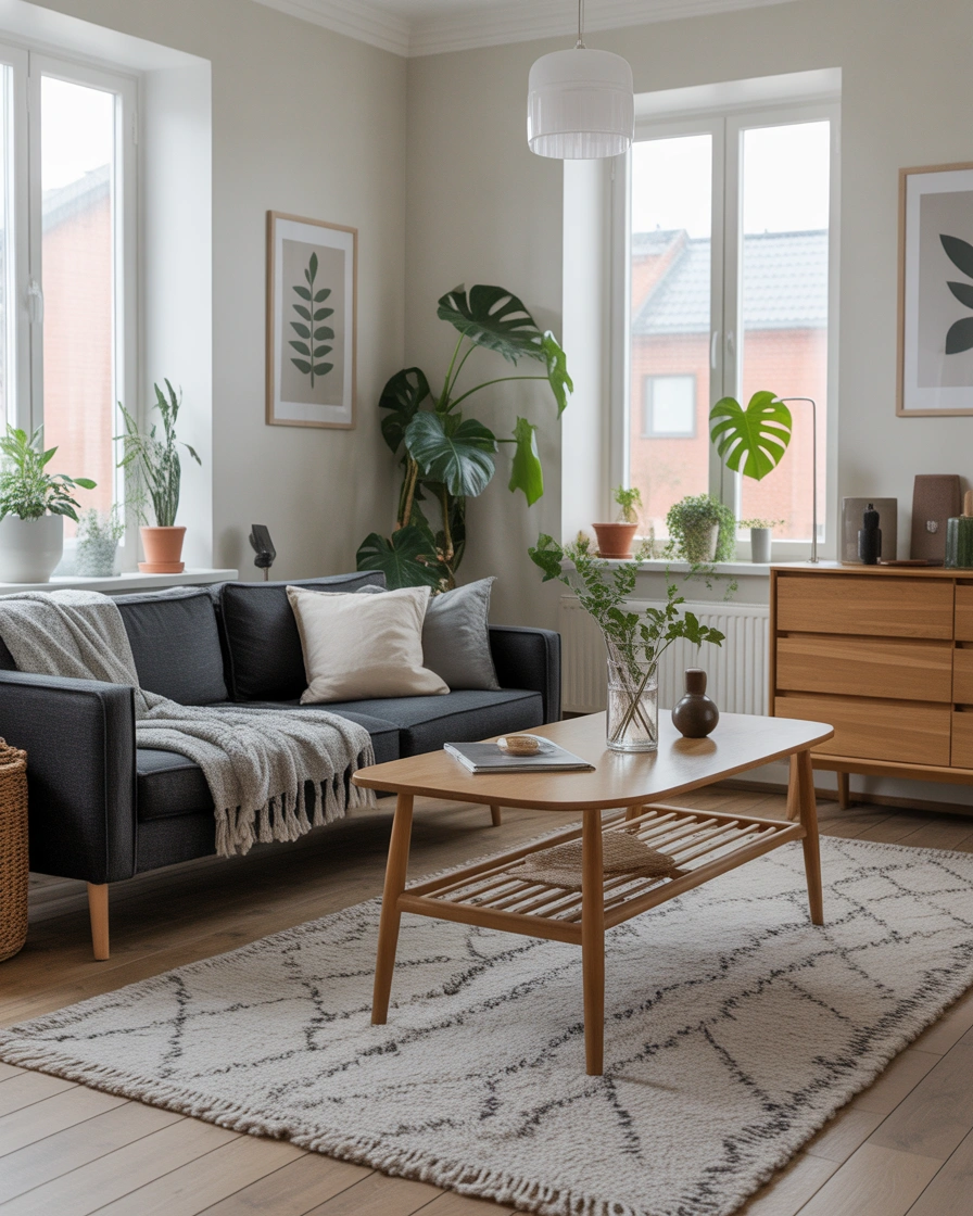 Create a Scandinavian Inspired Living Room With a Dark Grey Sofa