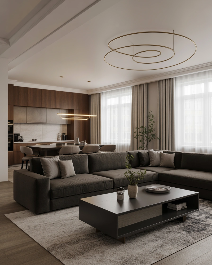 Create an Elegant Open Concept Living Room With a Dark Grey Couch