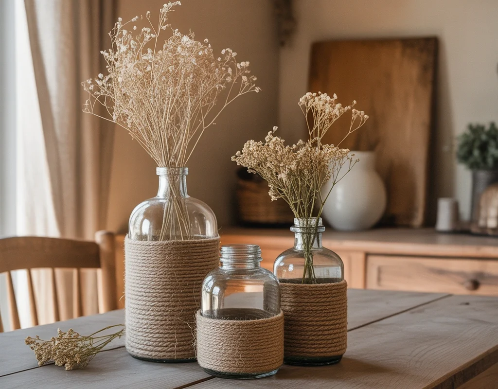 DIY Rope Wrapped Glass Bottle Decoration for Rustic Home Style