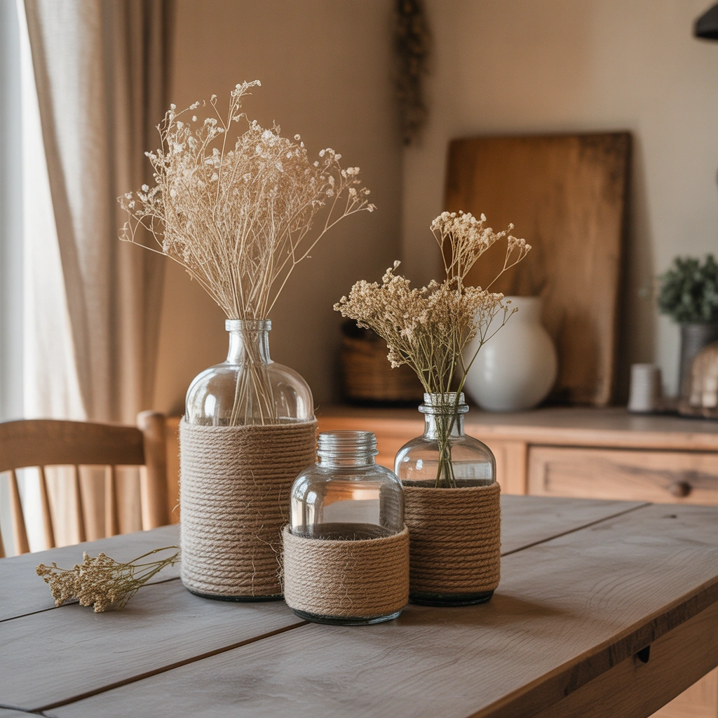 DIY Rope Wrapped Glass Bottle Decoration for Rustic Home Style